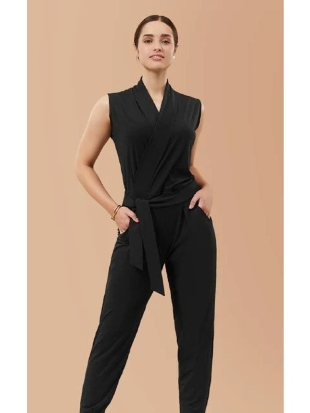 Les Lunes Size 6 Black NEW Stella Sleeveless Wrap Belted Jumpsuit
